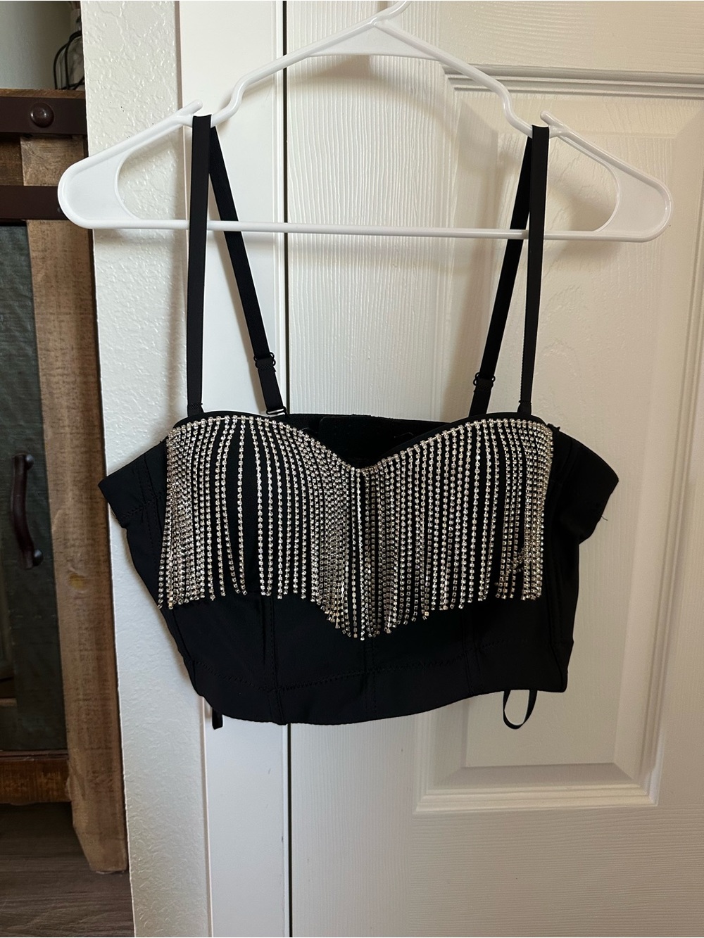 Black Rhinestone Fringe Bustier Crop Top